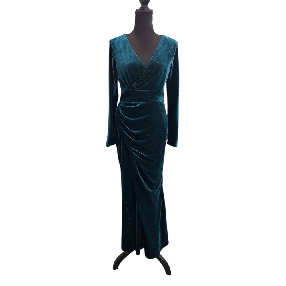 Women’s Teal V-neck long-sleeve ruched maxi dress. Size 8